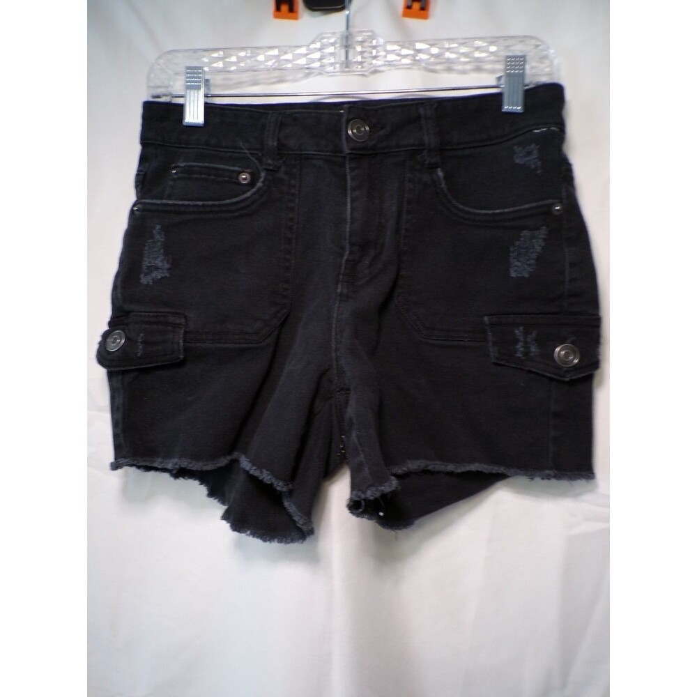 Time and Tru Women's Black Denim Cargo Shorts Size 8 Distressed Cutoff